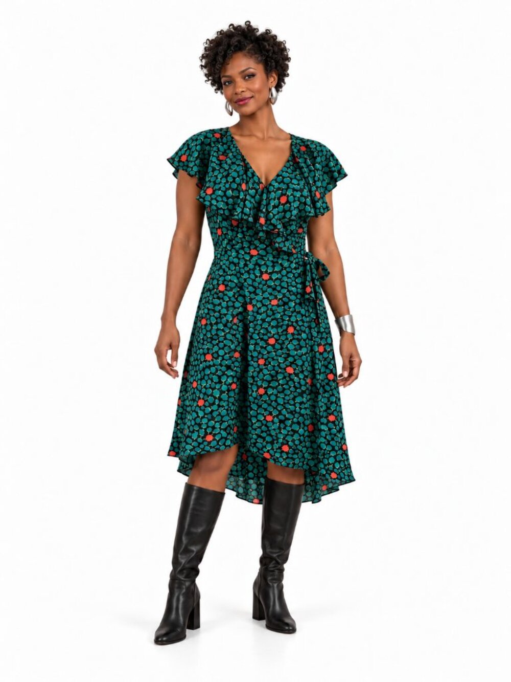 HD in Paris Anthropologie Ruffled Faux Wrap Dress Teal Green Size 8 Retro Floral
